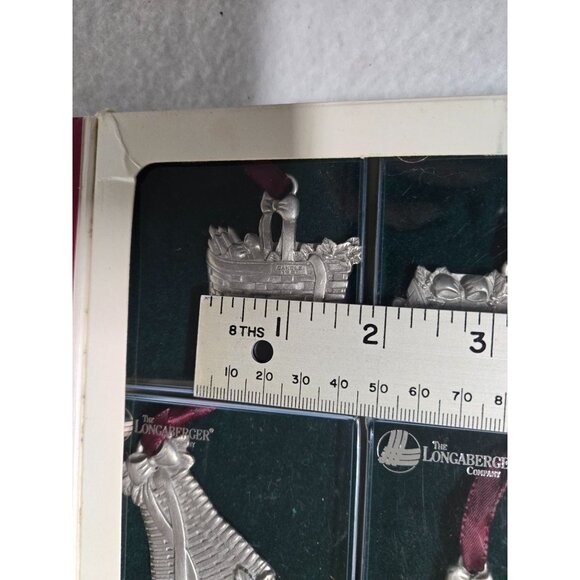 Longaberger Pewter Basket Ornament Set Of 4 With Red Ribbon In Original Box - Picture 16 of 16
